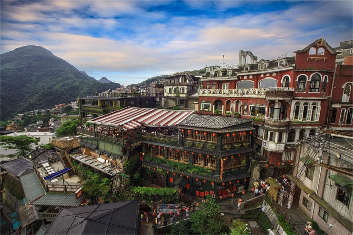 Traditional tea house with red lanterns in Jiufen Old Street, Taiwan