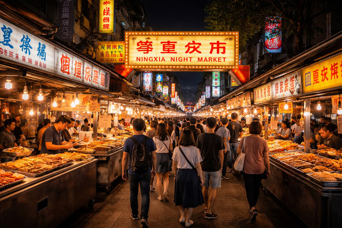 Ningxia Night Market Taipei food street with local stalls at night