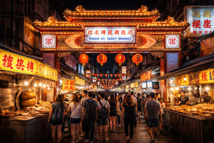 Raohe Night Market Taipei street food stalls and entrance at night