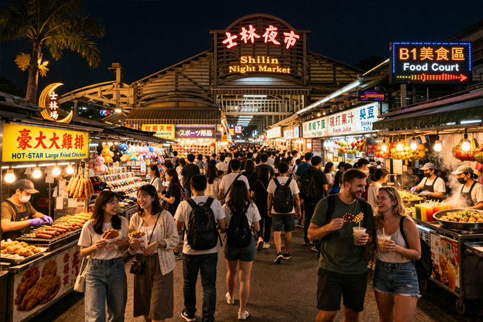Shilin Night Market Taipei entrance and street food at night