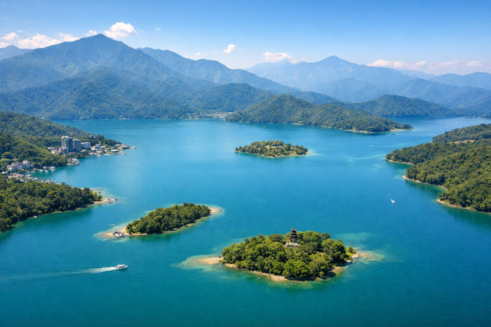 Sun Moon Lake aerial view surrounded by mountains in Nantou Taiwan