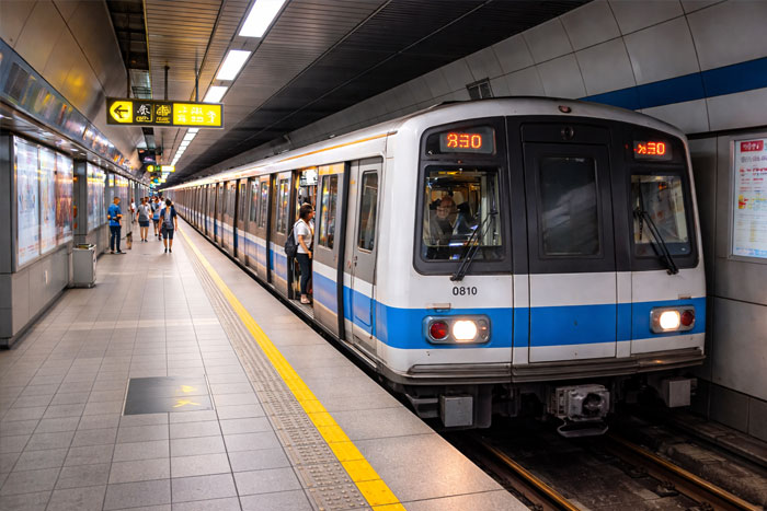 Taipei MRT metro train inside a station in Taipei Taiwan
