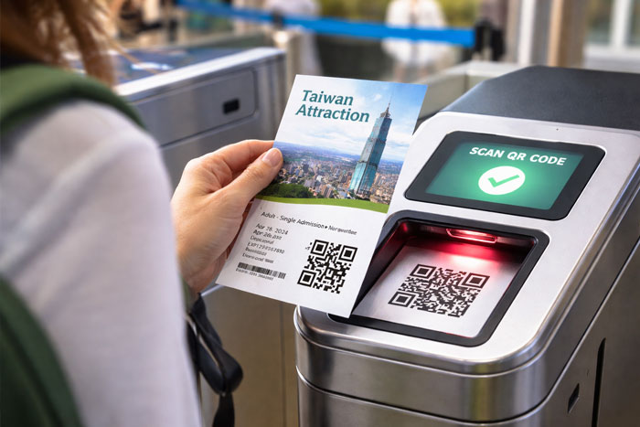 Taiwan attraction ticket QR code being scanned for fast entry at a popular tourist site