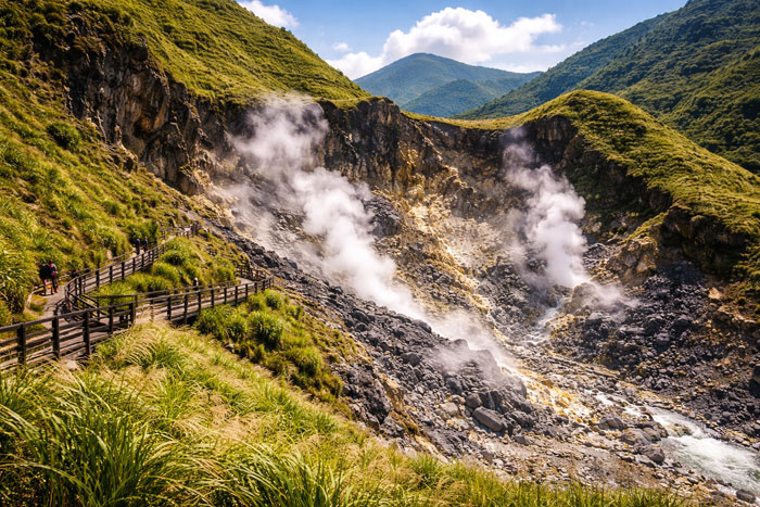 Vapeurs géothermiques dans la zone volcanique de Xiaoyoukeng au parc national de Yangmingshan à Taïwan