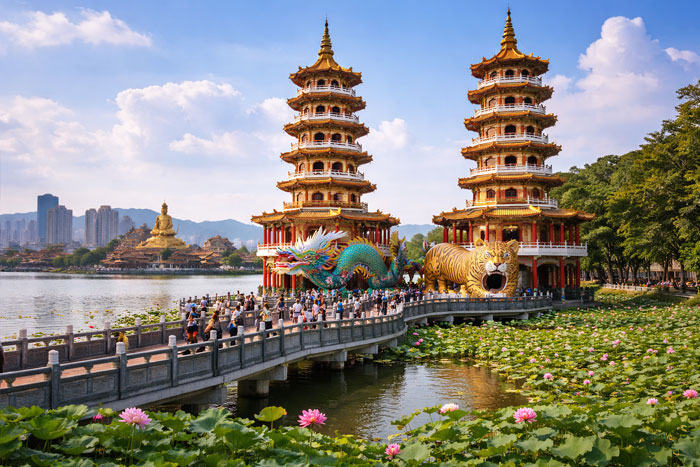 Lotus Pond in Kaohsiung with the Dragon and Tiger Pagodas and a traditional temple