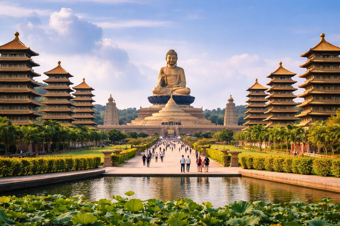 Fo Guang Shan Buddha Museum in Kaohsiung with giant Buddha statue and pagodas