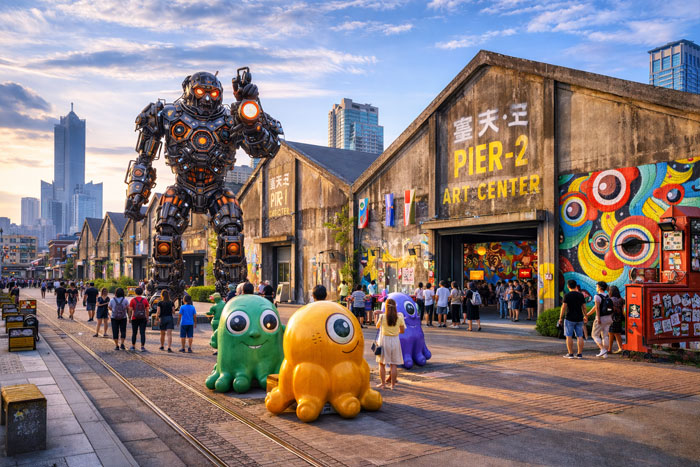 Pier 2 Art Center artistic district in Kaohsiung with modern installations and street art